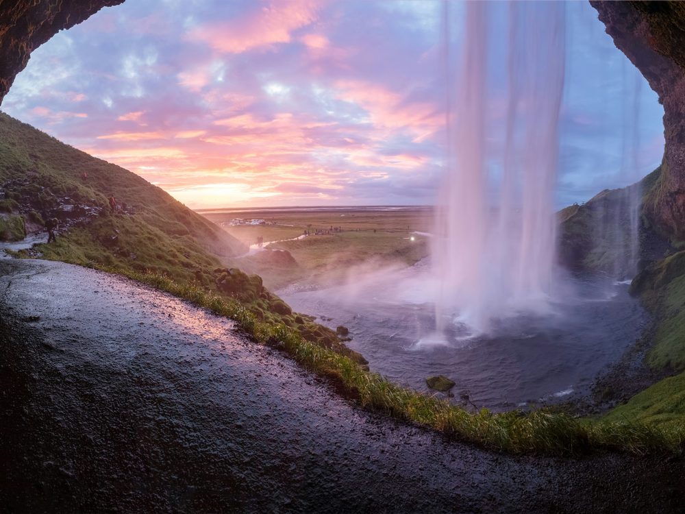 Seljalandsfoss waterfall at sunset, southern Iceland